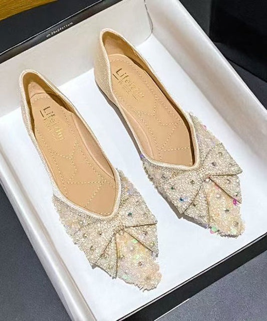 Black Zircon Flat Feet Shoes Pointed Toe Handmade Splicing Bow