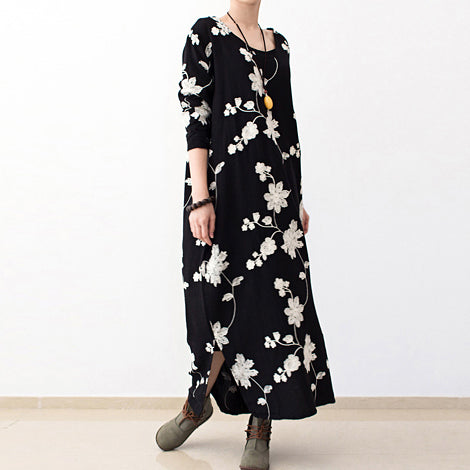 Black embroidered cotton dresses 2025 fall caftans long cotton maxi dresses