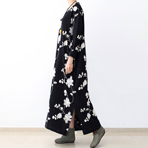 Black embroidered cotton dresses 2025 fall caftans long cotton maxi dresses