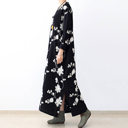 Black embroidered cotton dresses 2025 fall caftans long cotton maxi dresses