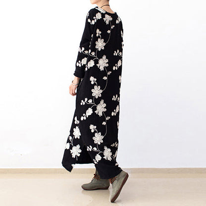 Black embroidered cotton dresses 2025 fall caftans long cotton maxi dresses