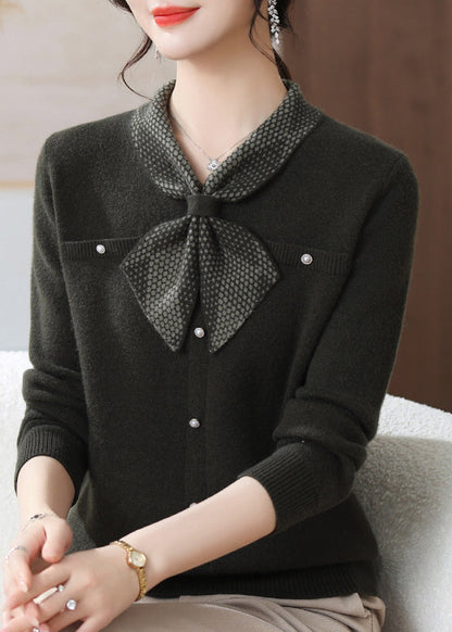 Blackish Green Bow Cozy Cotton Knit Sweater Long Sleeve