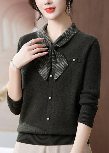 Blackish Green Bow Cozy Cotton Knit Sweater Long Sleeve