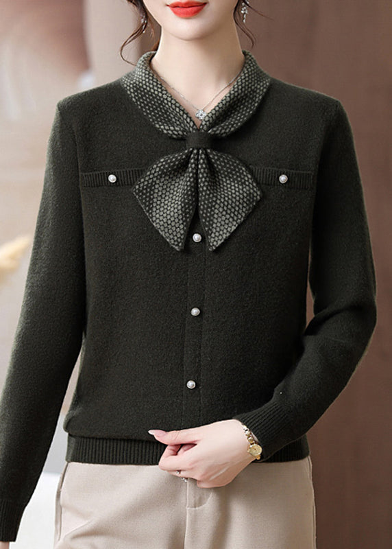 Blackish Green Bow Cozy Cotton Knit Sweater Long Sleeve