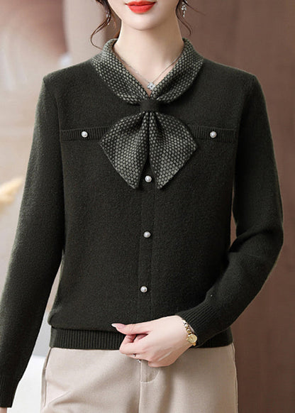Blackish Green Bow Cozy Cotton Knit Sweater Long Sleeve