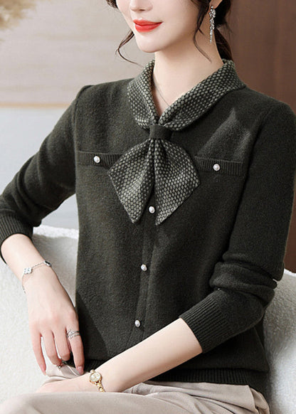 Blackish Green Bow Cozy Cotton Knit Sweater Long Sleeve
