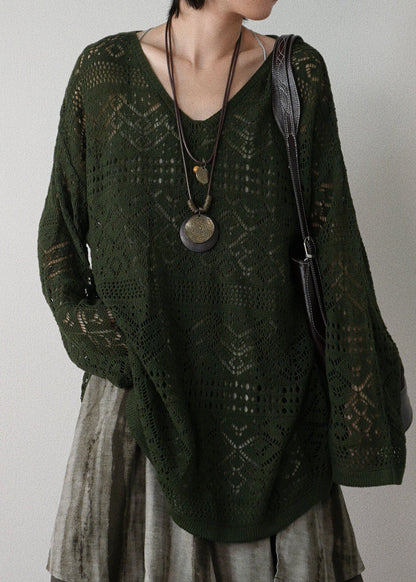 Blackish Green Hollow Out Knit Tops Fall