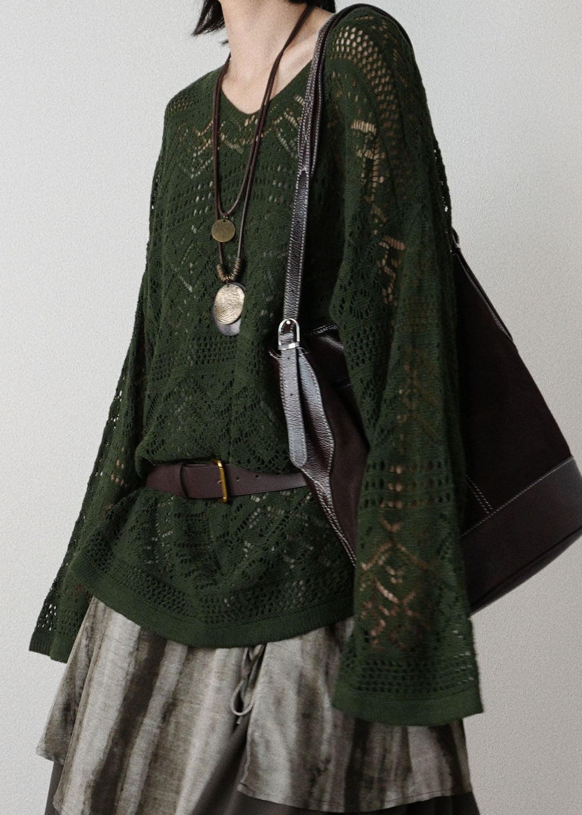 Blackish Green Hollow Out Knit Tops Fall