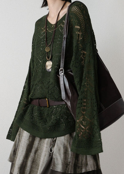 Blackish Green Hollow Out Knit Tops Fall