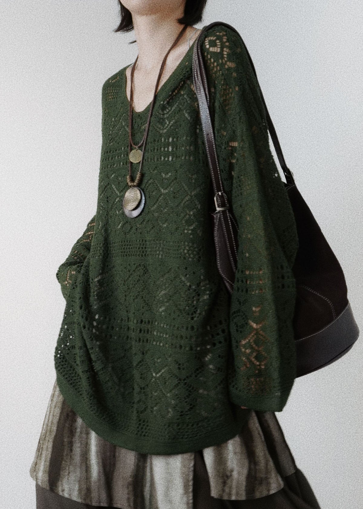 Blackish Green Hollow Out Knit Tops Fall