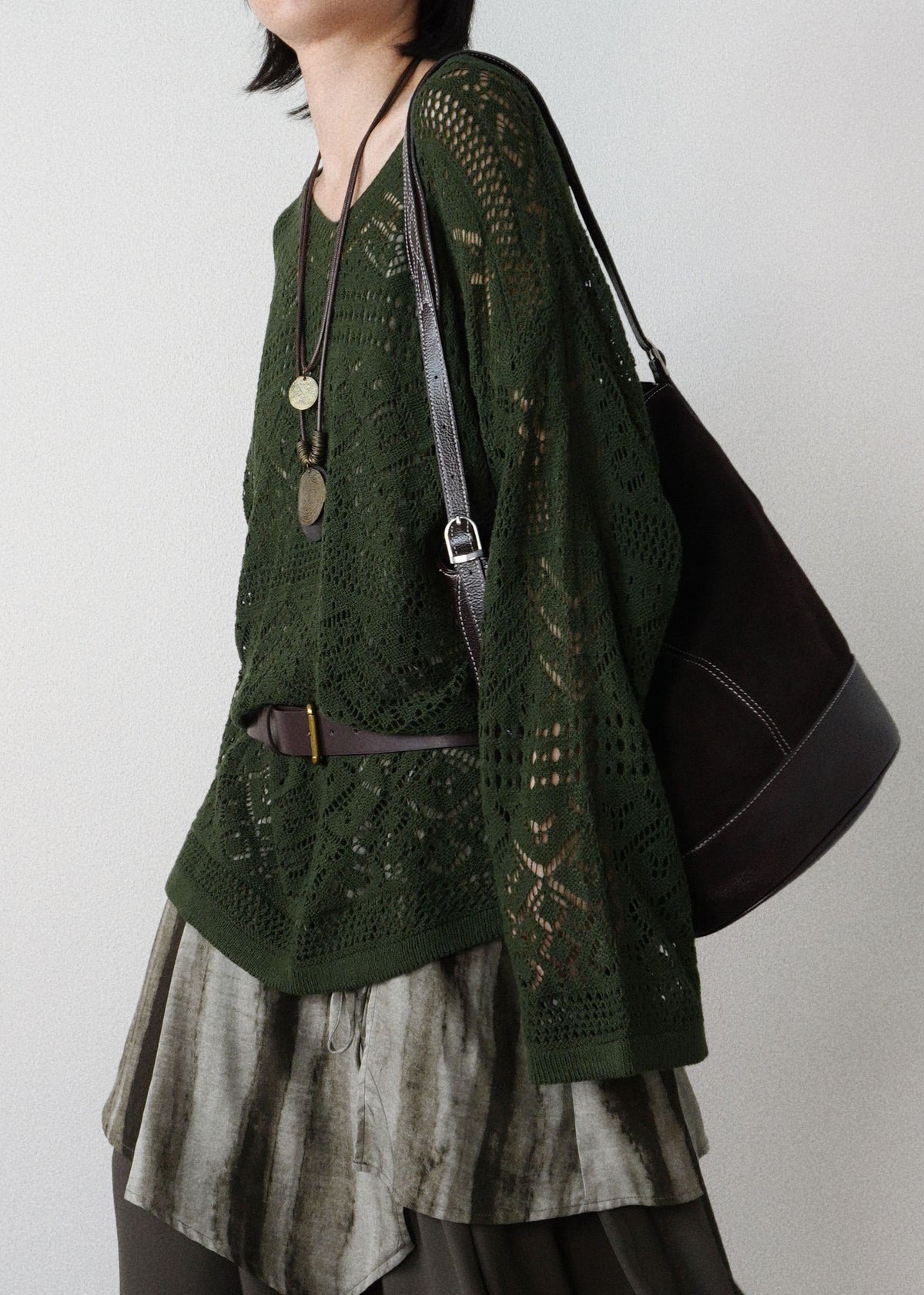 Blackish Green Hollow Out Knit Tops Fall