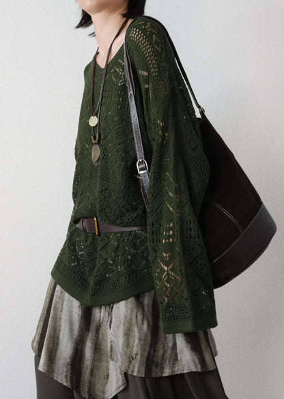Blackish Green Hollow Out Knit Tops Fall