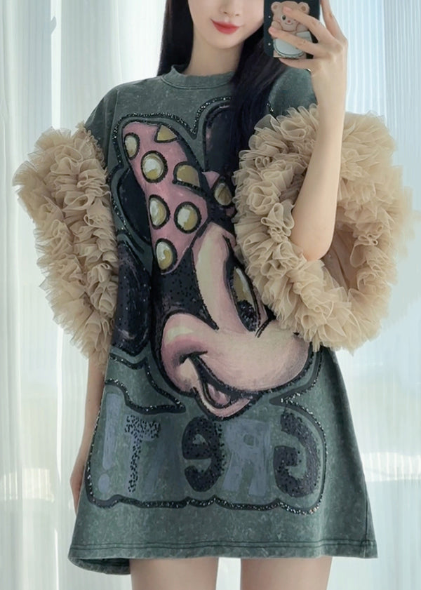 Blackish Green Print Tulle Patchwork Summer T Shirt Dress Ruffled