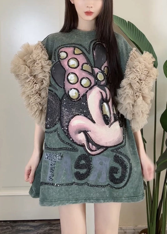 Blackish Green Print Tulle Patchwork Summer T Shirt Dress Ruffled