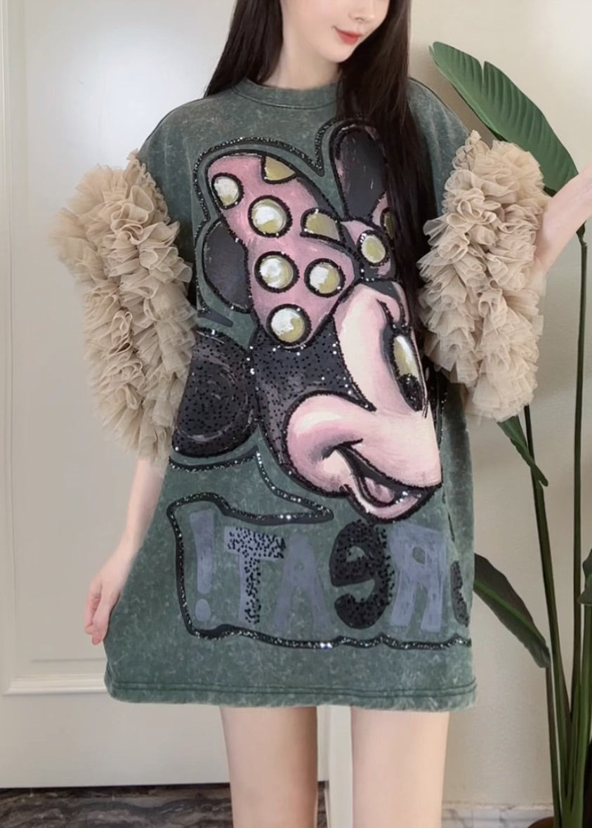 Blackish Green Print Tulle Patchwork Summer T Shirt Dress Ruffled