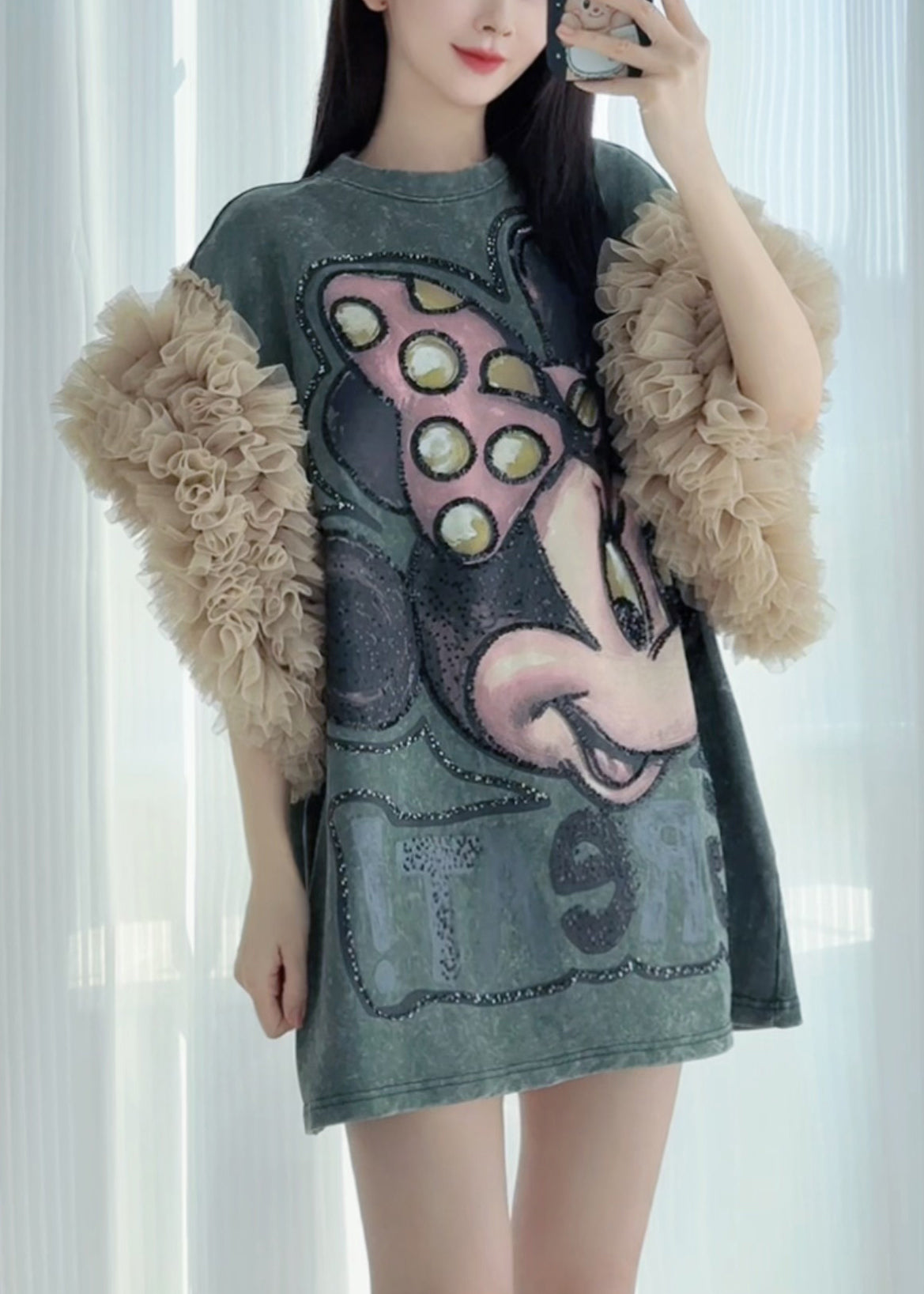 Blackish Green Print Tulle Patchwork Summer T Shirt Dress Ruffled