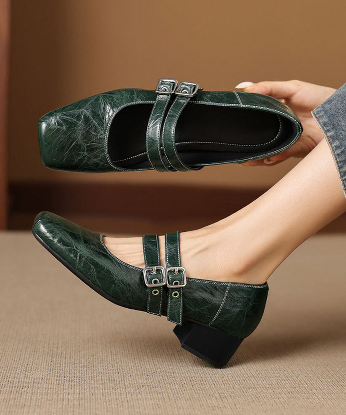 Blackish Green Sheepskin Buckle Strap Splicing Chunky Shoes