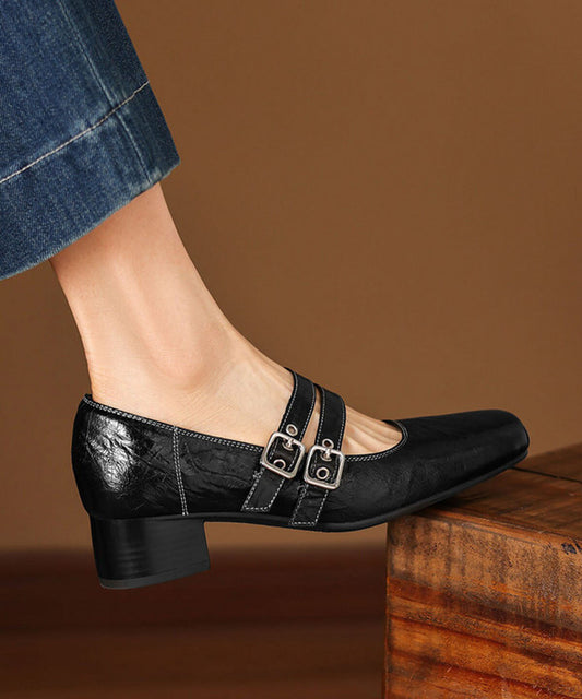 Blackish Green Sheepskin Buckle Strap Splicing Chunky Shoes