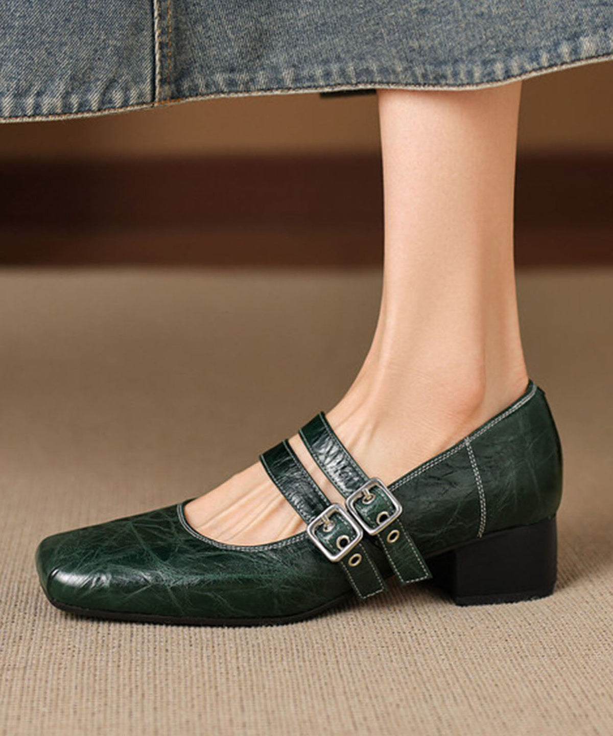 Blackish Green Sheepskin Buckle Strap Splicing Chunky Shoes
