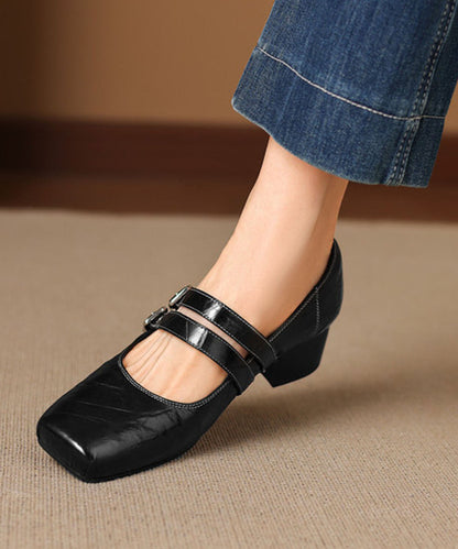 Blackish Green Sheepskin Buckle Strap Splicing Chunky Shoes