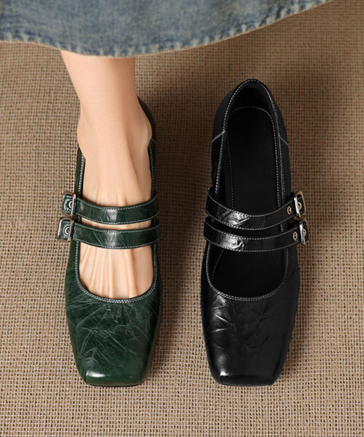 Blackish Green Sheepskin Buckle Strap Splicing Chunky Shoes