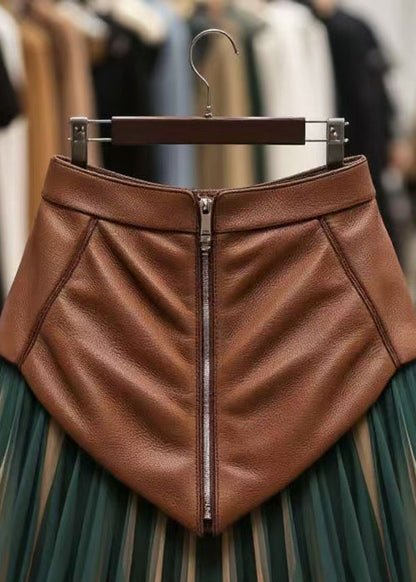 Blackish Green Zippered High Waist Tulle Patchwork Faux Leather Skirt