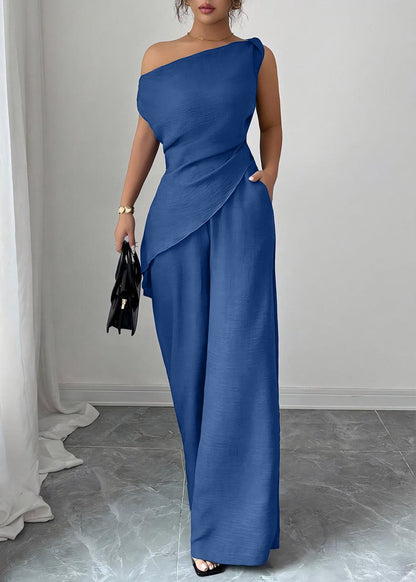 Blue Asymmetrical Solid Top And Wide Leg Pants Sleeveless