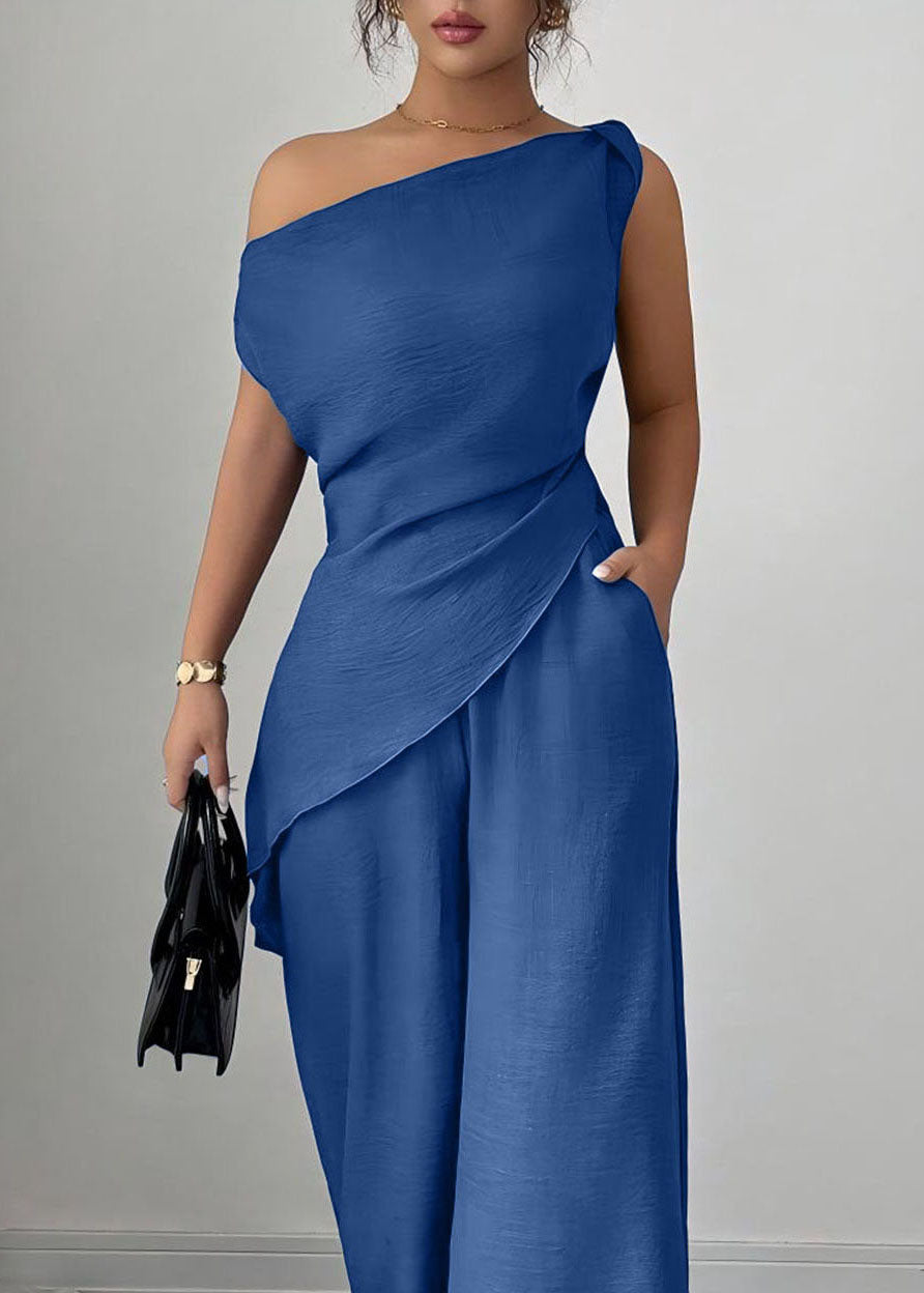 Blue Asymmetrical Solid Top And Wide Leg Pants Sleeveless