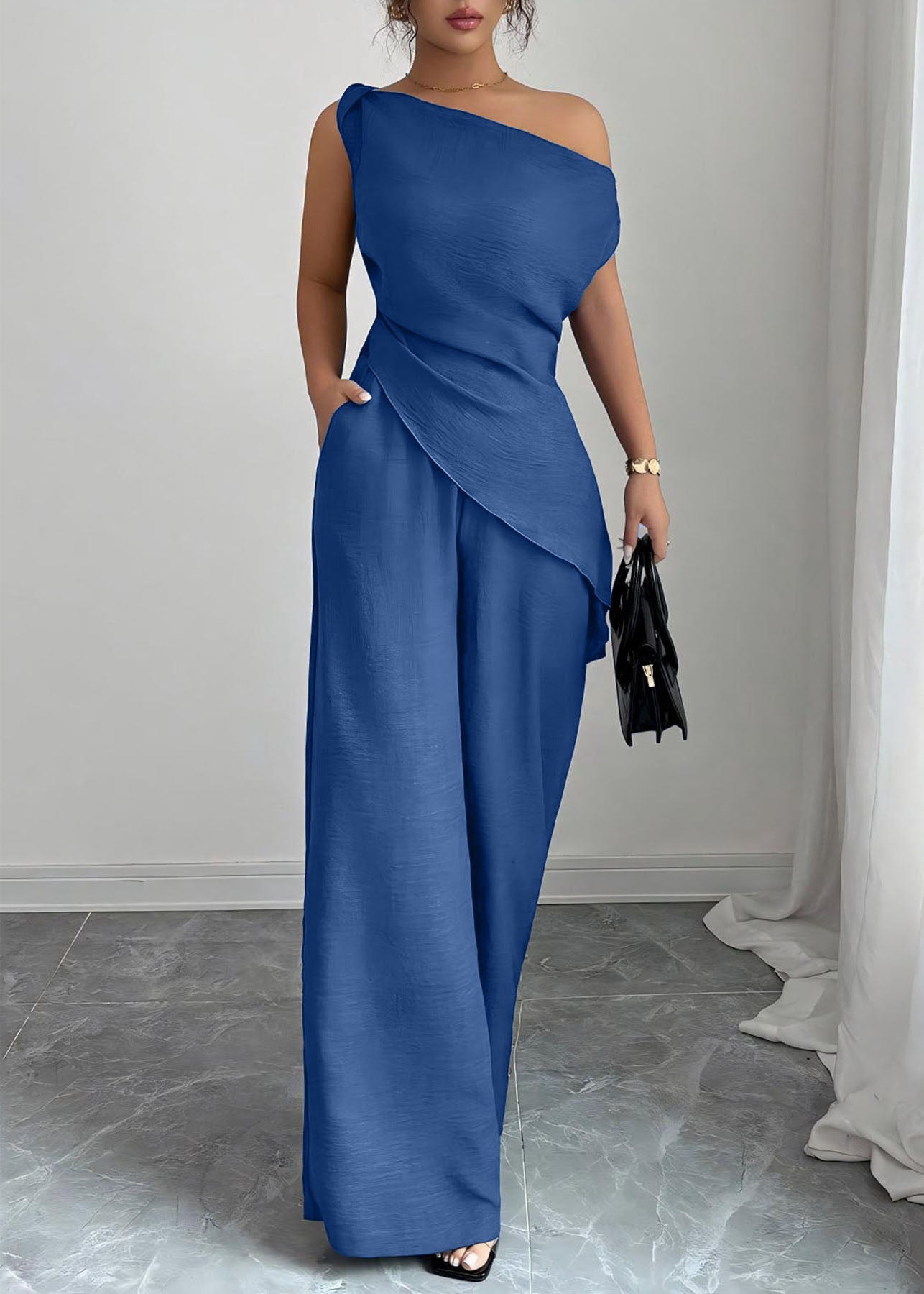 Blue Asymmetrical Solid Top And Wide Leg Pants Sleeveless