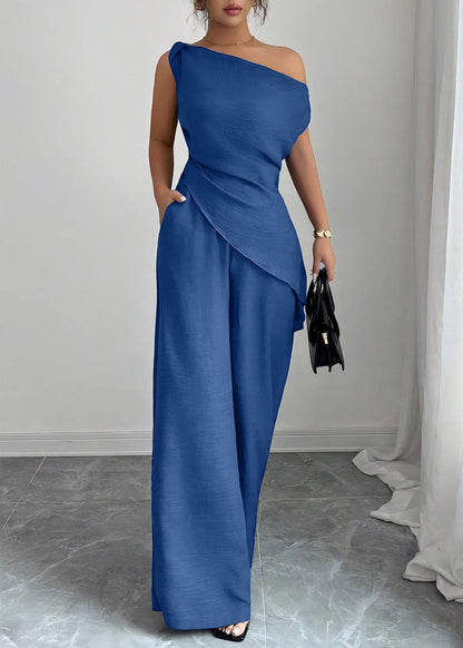 Blue Asymmetrical Solid Top And Wide Leg Pants Sleeveless
