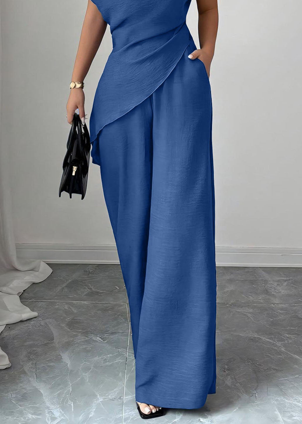 Blue Asymmetrical Solid Top And Wide Leg Pants Sleeveless