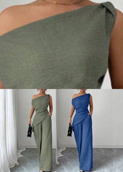 Blue Asymmetrical Solid Top And Wide Leg Pants Sleeveless