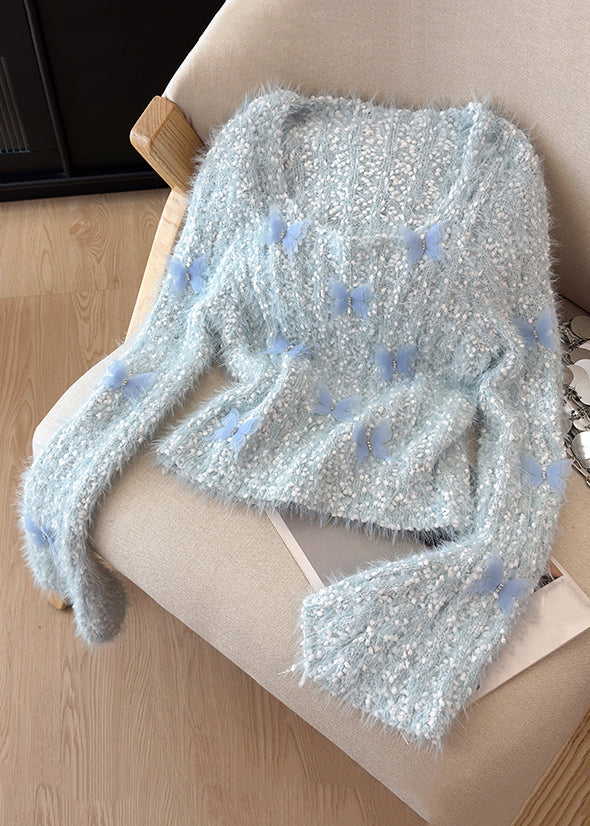 Blue Butterfly Thick Knit Sweater Square Collar Flare Sleeve