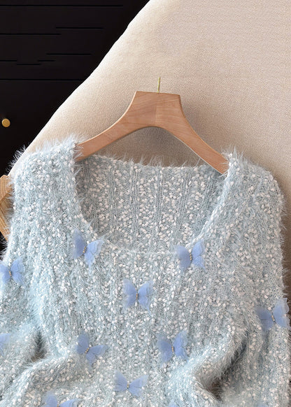 Blue Butterfly Thick Knit Sweater Square Collar Flare Sleeve
