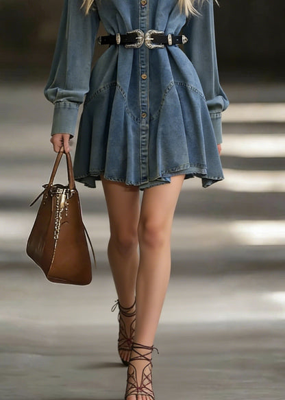 Blue Button Denim Mid Dress Peter Pan Collar Spring