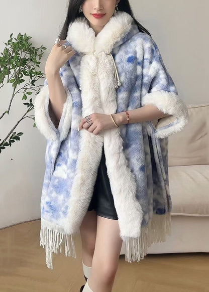 Blue Button Patchwork Warm Fleece Coats Hooded Batwing Sleeve