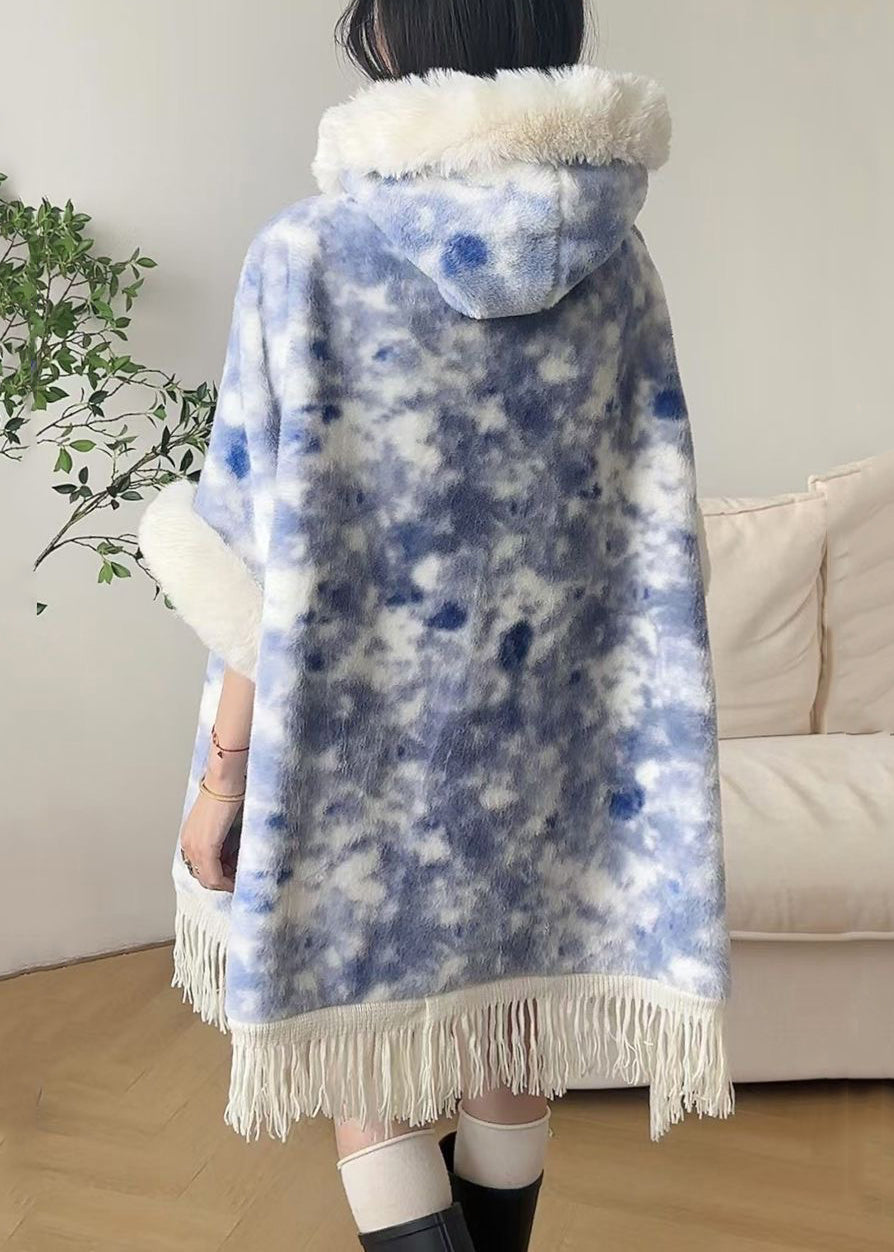 Blue Button Patchwork Warm Fleece Coats Hooded Batwing Sleeve