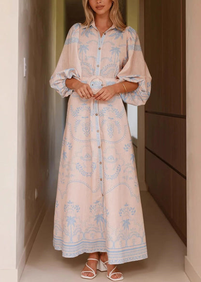 Blue Button Print Linen Spring Shirt Dresses Peter Pan Collar