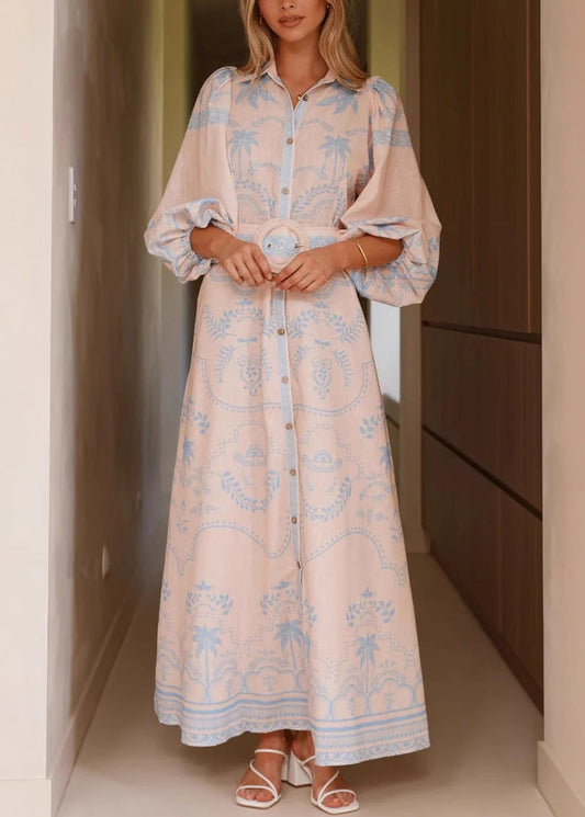 Blue Button Print Linen Spring Shirt Dresses Peter Pan Collar