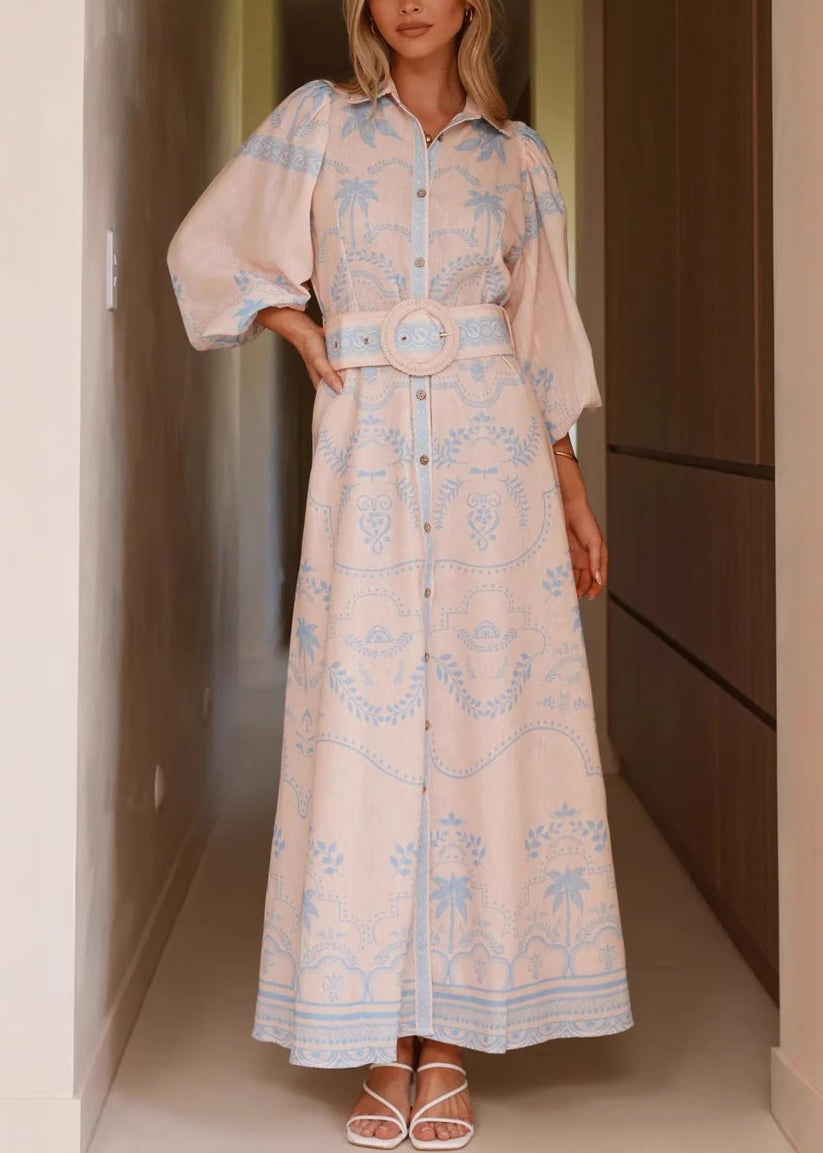 Blue Button Print Linen Spring Shirt Dresses Peter Pan Collar