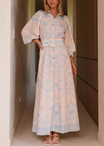 Blue Button Print Linen Spring Shirt Dresses Peter Pan Collar