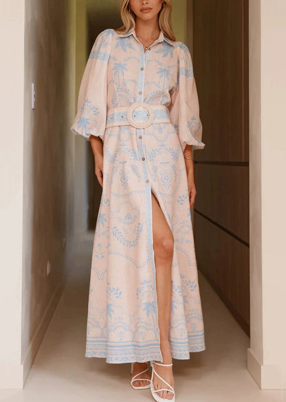 Blue Button Print Linen Spring Shirt Dresses Peter Pan Collar