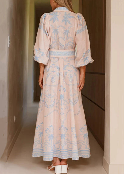 Blue Button Print Linen Spring Shirt Dresses Peter Pan Collar