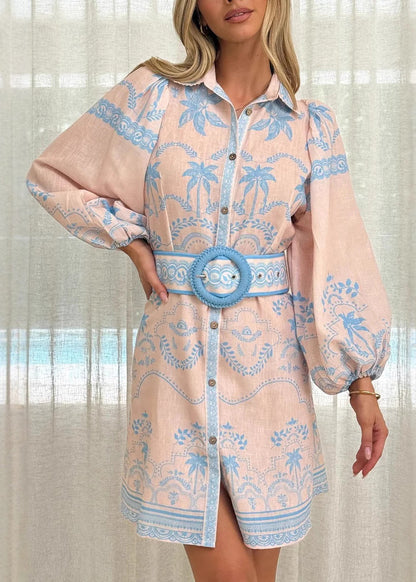 Blue Button Sashes Linen Spring Shirt Dresses Peter Pan Collar