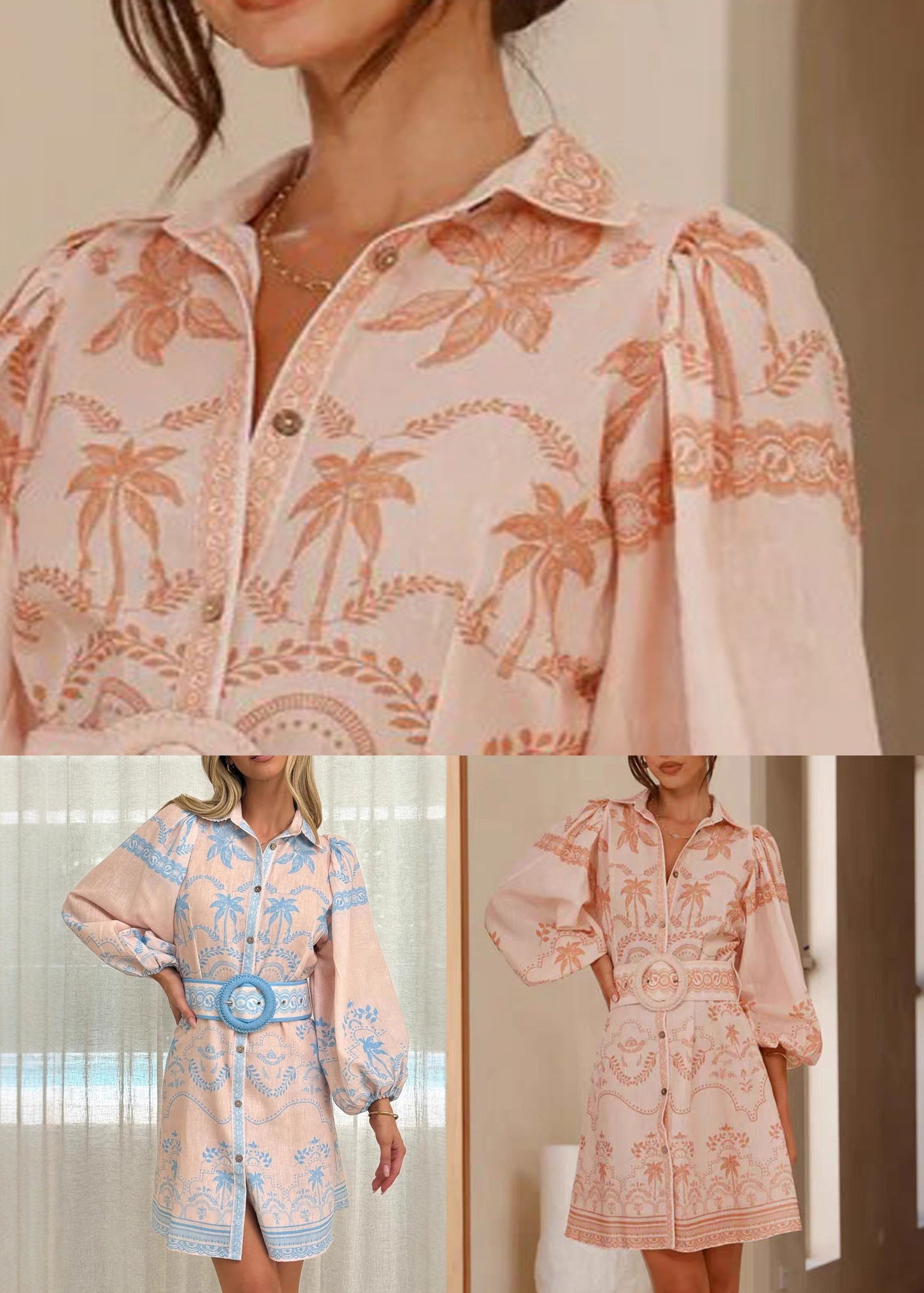 Blue Button Sashes Linen Spring Shirt Dresses Peter Pan Collar