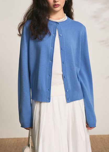Blue Button Solid Knit Fall Cardigans O Neck