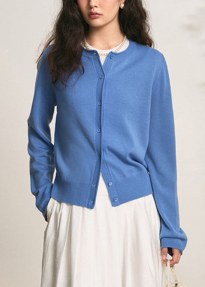 Blue Button Solid Knit Fall Cardigans O Neck