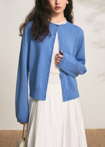 Blue Button Solid Knit Fall Cardigans O Neck
