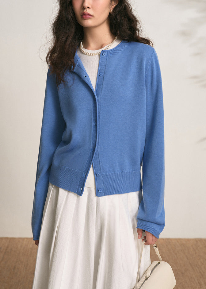 Blue Button Solid Knit Fall Cardigans O Neck
