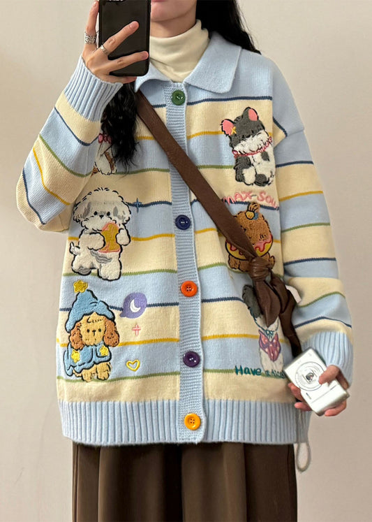 Blue Button Striped Cozy Knit Coats Peter Pan Collar